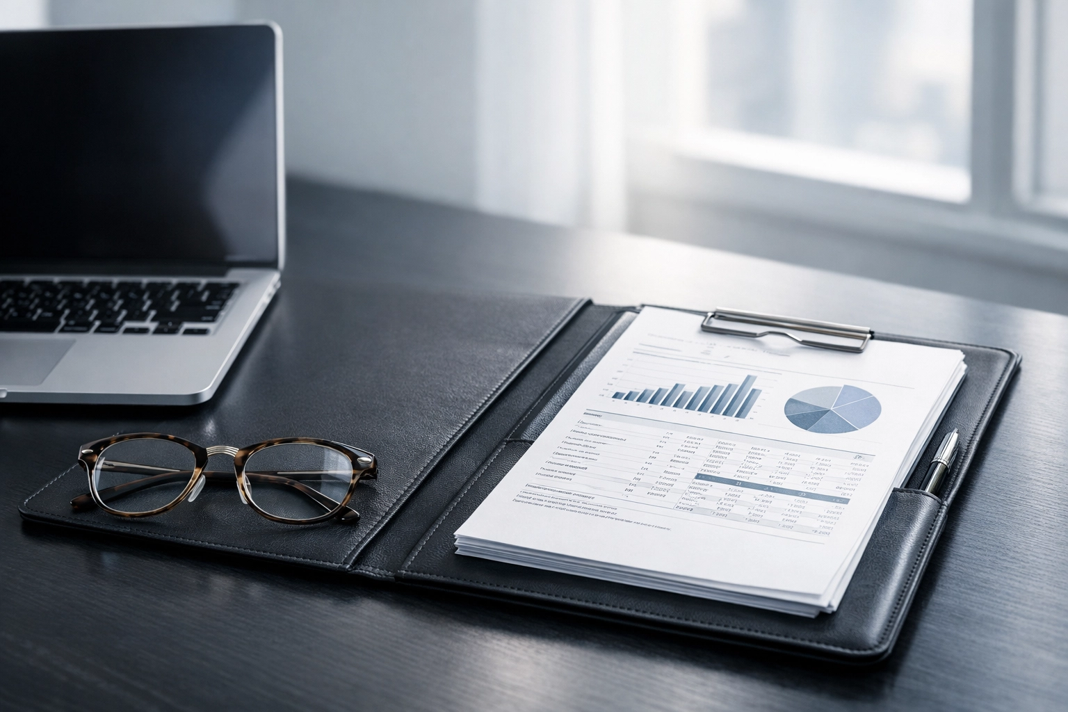Organized business financial records and balance sheets on an executive desk for a professional business valuation.