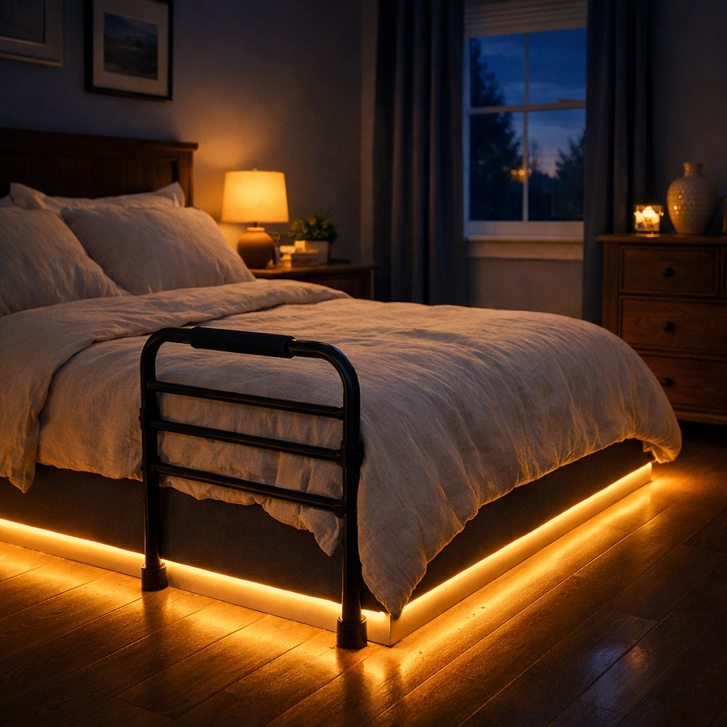 Bedside safety rail and motion-activated floor lighting for nighttime fall prevention.