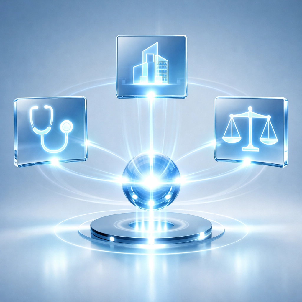 Digital icons for healthcare and legal industries connected to a central hub for industry-specific SaaS solutions.