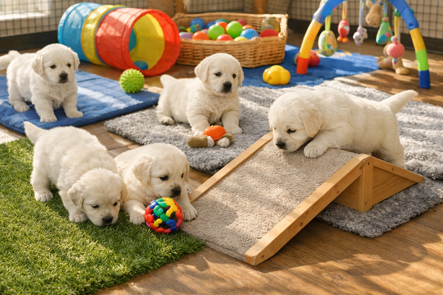 English Cream Golden Retriever puppies playing during socialization training in Oregon