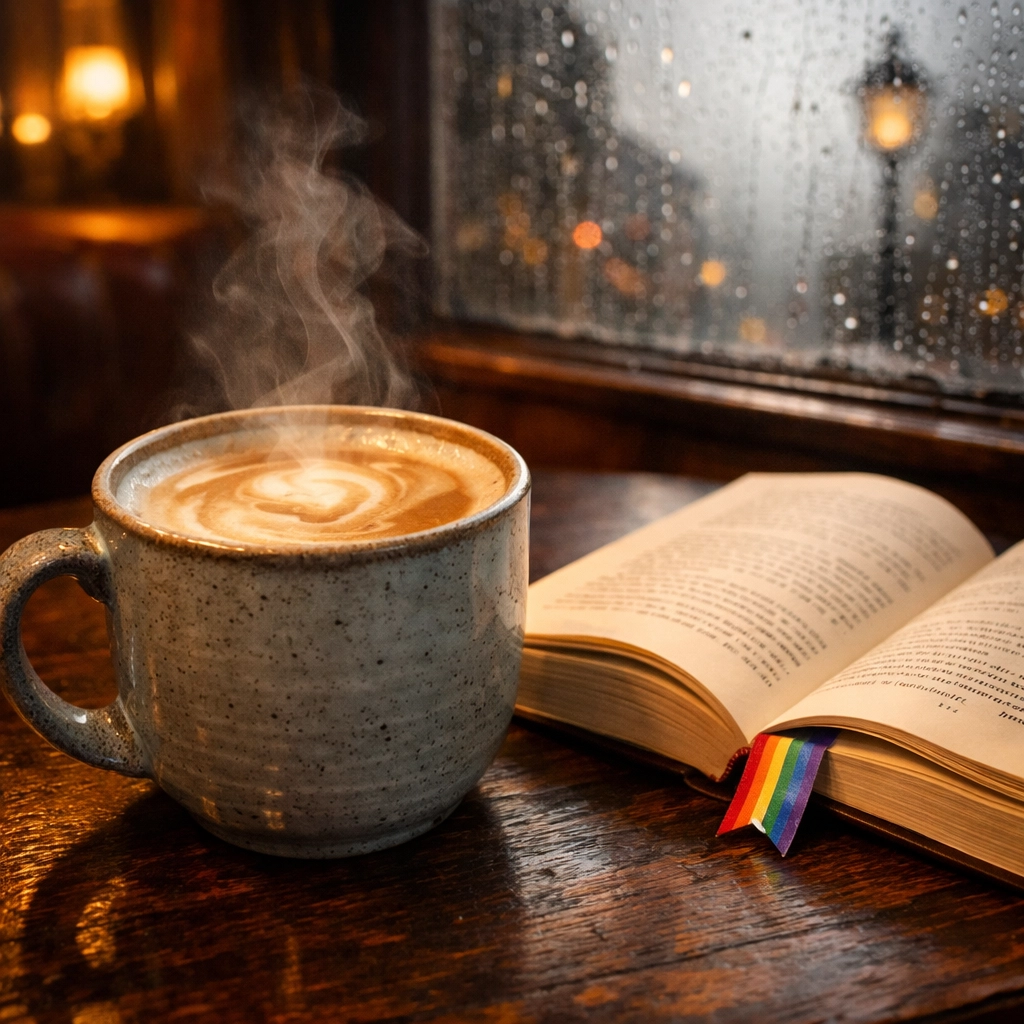 A London Fog tea latte and an open queer fiction book by a rainy window in a cozy pub.