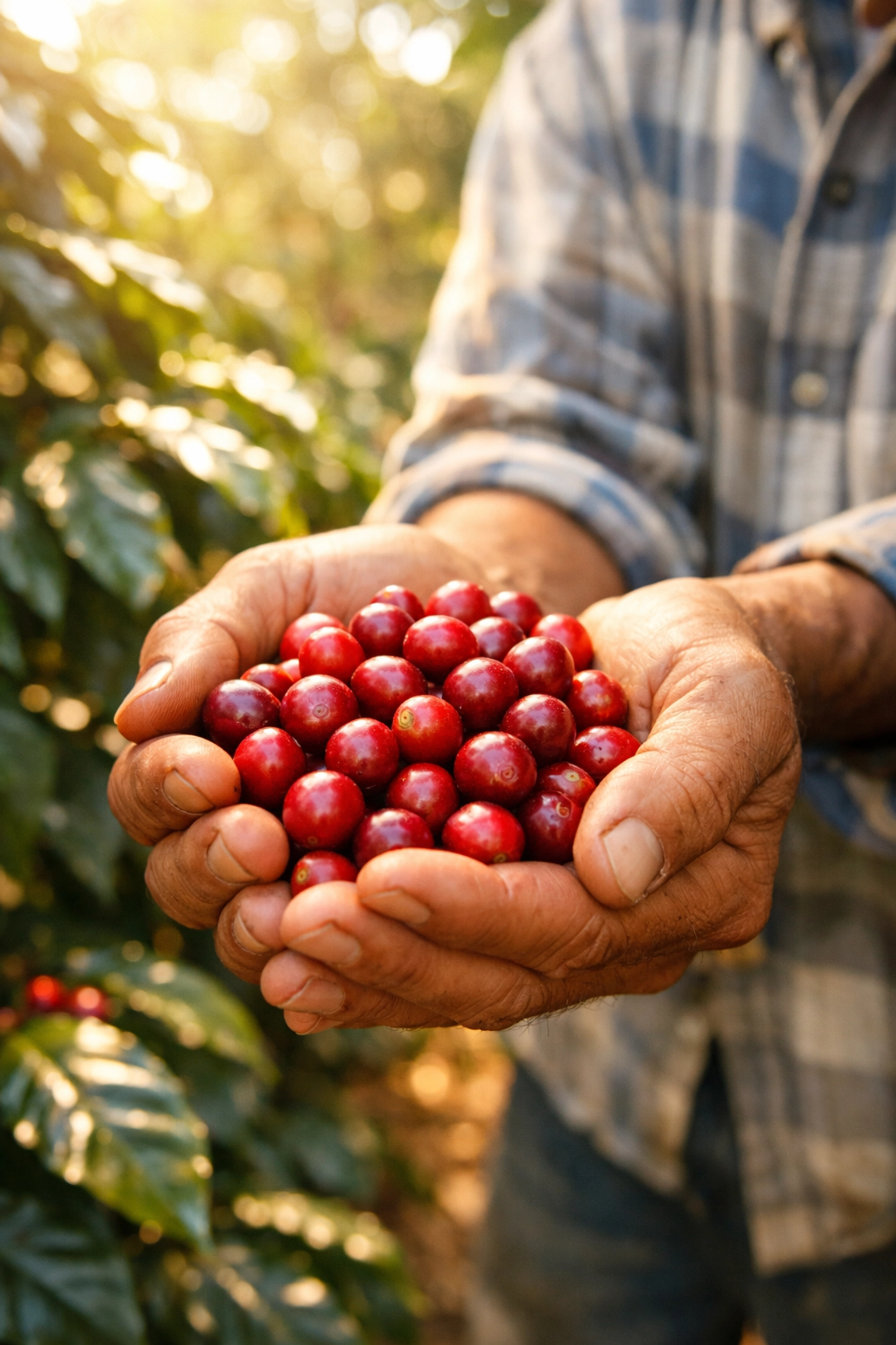 Coffee farmer holding ripe red coffee cherries on sustainable plantation