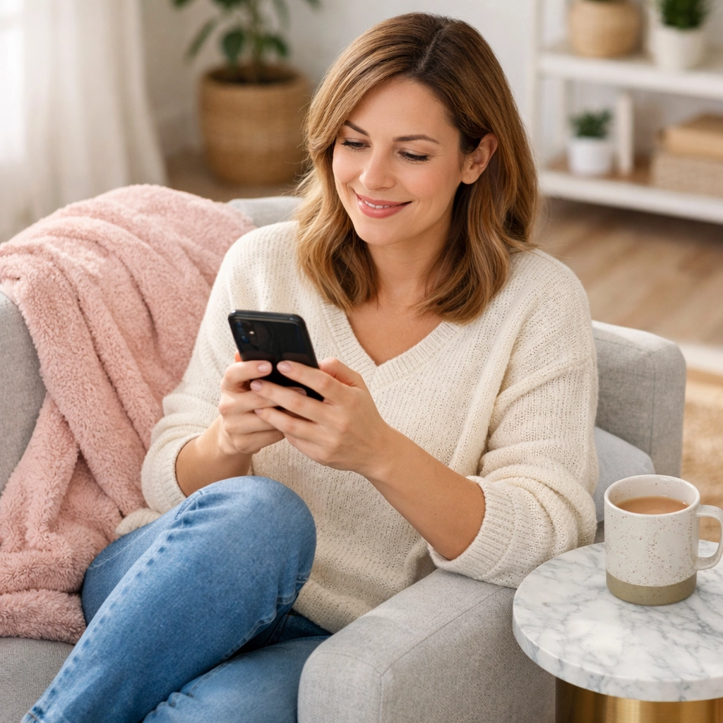 A woman smiling while engaging with her online community and networking on her phone.