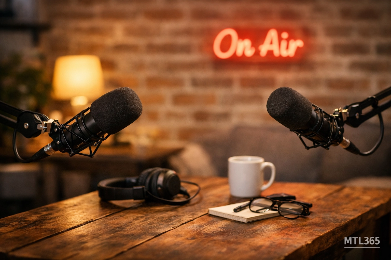 Modern Montreal podcast studio setup with professional microphones and brick walls.