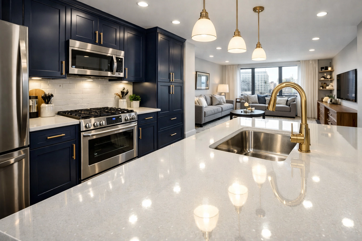 Spotless modern Boston apartment kitchen with sparkling countertops after a professional deep move-out cleaning.