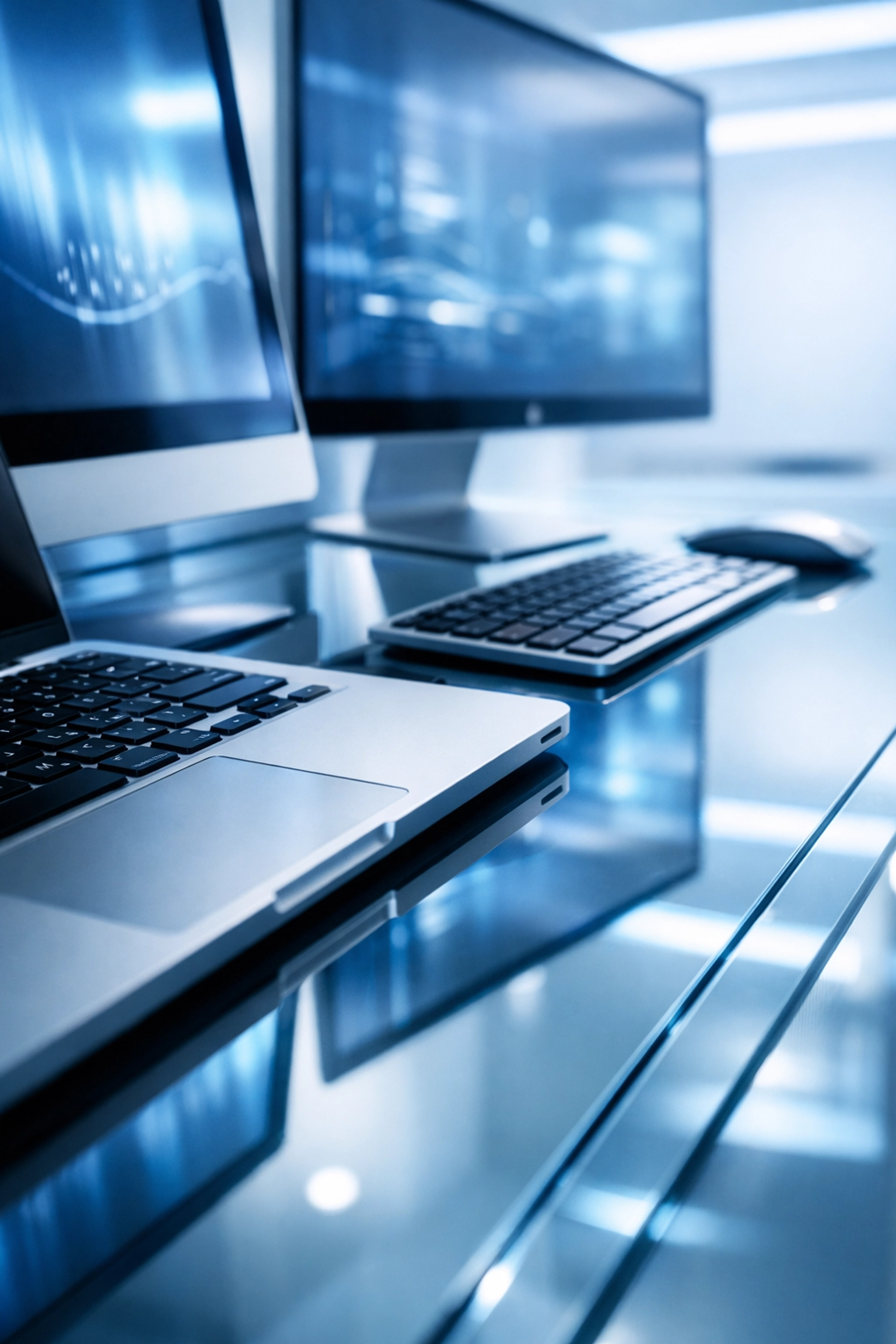 Dust-free tech workstation with glass desk, showcasing professional office cleaning in Burlington hubs.