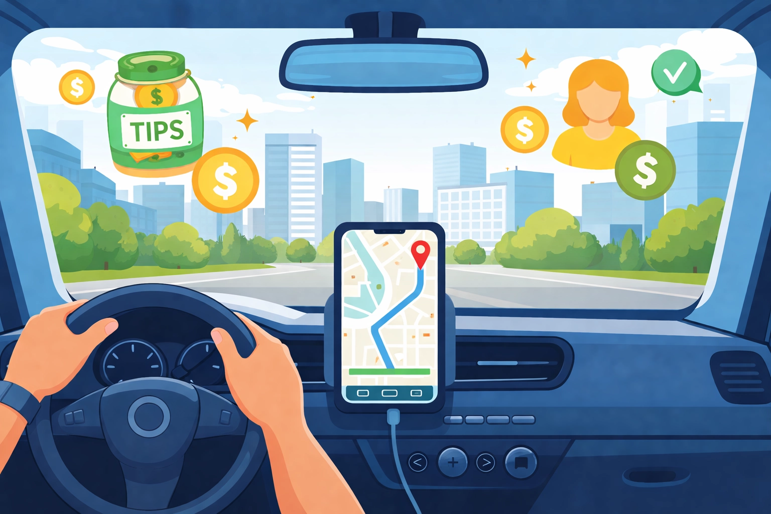 View from a car with map and tip icons, illustrating tax deductions on tips for gig workers and rideshare drivers.