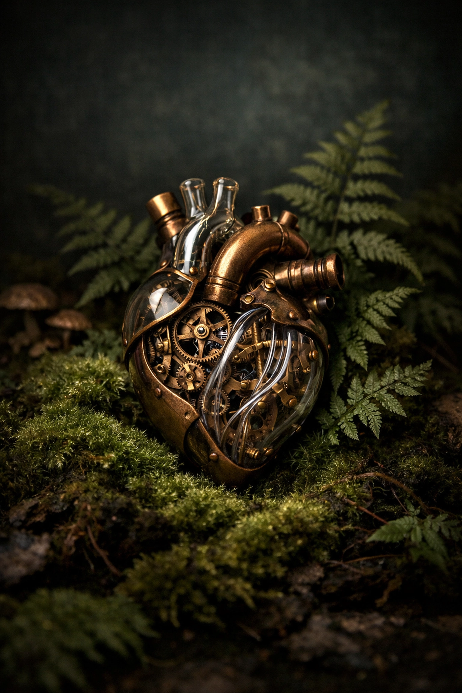 Mechanical heart with bronze gears on green moss, inspired by Florence and the Machine's Lungs album.