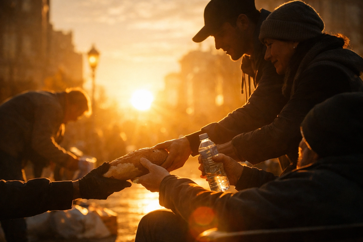 Compassionate volunteers sharing food in a city square, illustrating the light of Christ in the world.