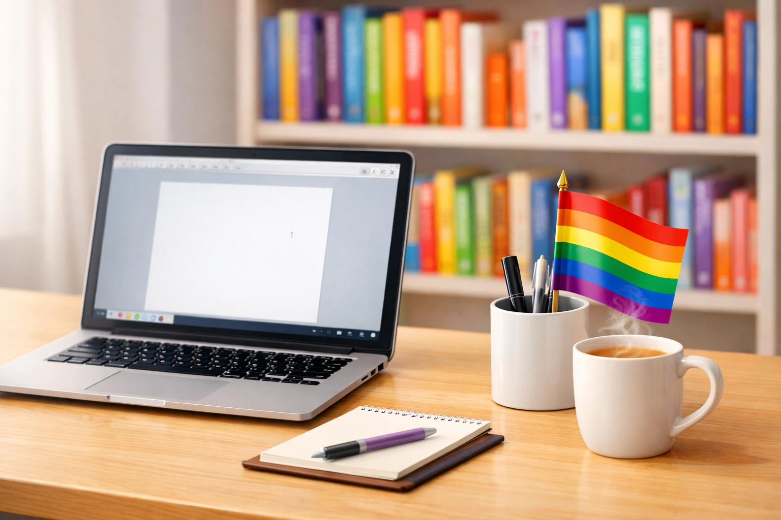 A clean writer's workspace with a pride flag, representing the creative journey for LGBTQ+ authors.