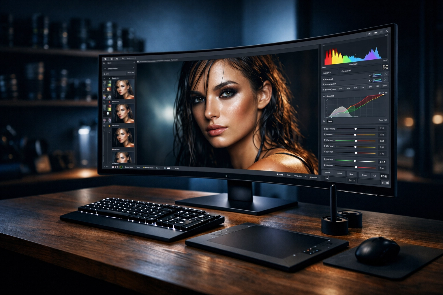 Professional photography workspace with editing software and tools used in advanced photo editing tutorials.