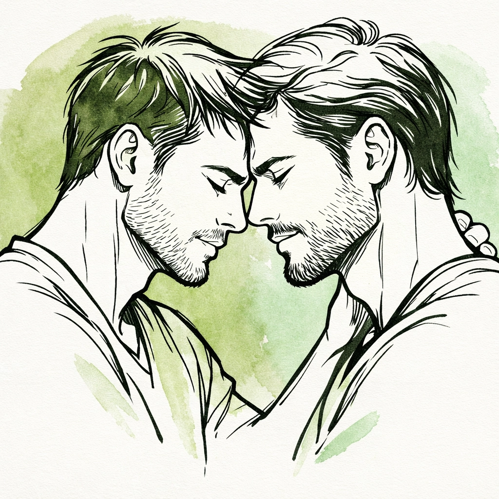 Close-up line art of an MM couple sharing an intimate, emotional forehead-to-forehead bond.