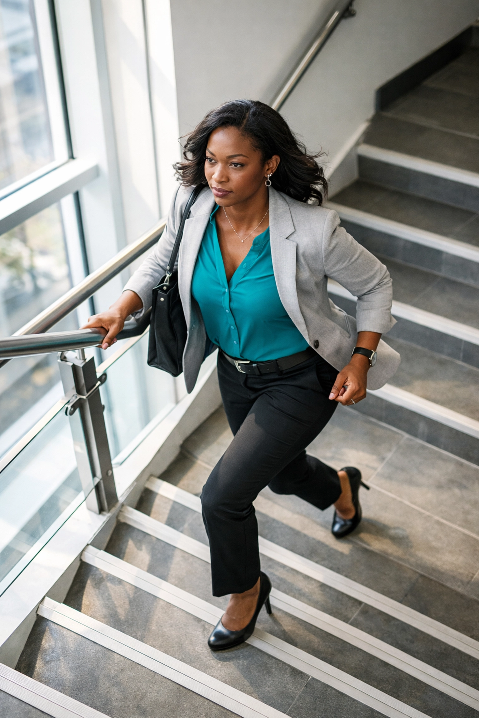 Woman taking stairs at work to boost afternoon energy and overcome the midday slump