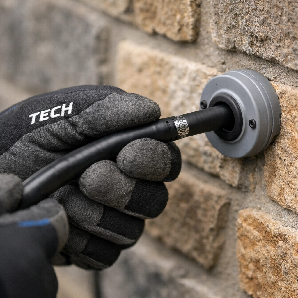 Professional security technician installing a hardwired Ethernet cable for a robust CCTV system.