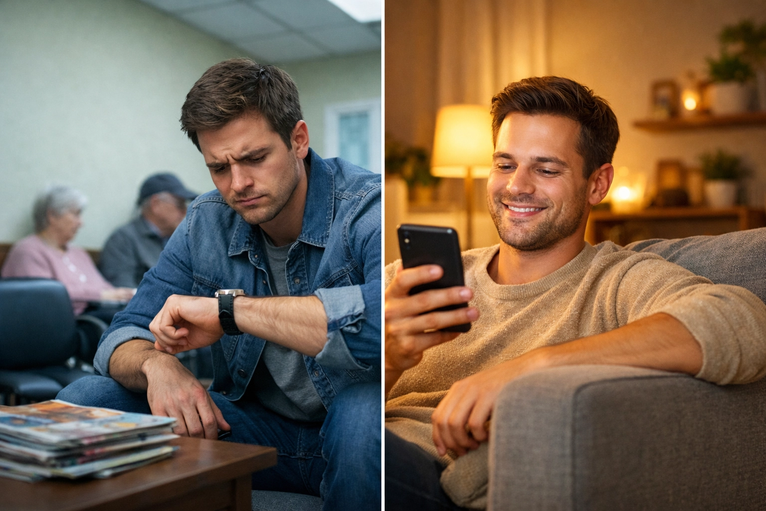 Comparison of crowded urgent care waiting room vs. patient using fast online telehealth from home