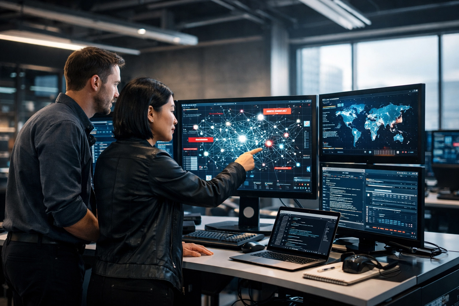 Cybersecurity specialists collaborating in a modern war room pod to monitor network security diagrams.