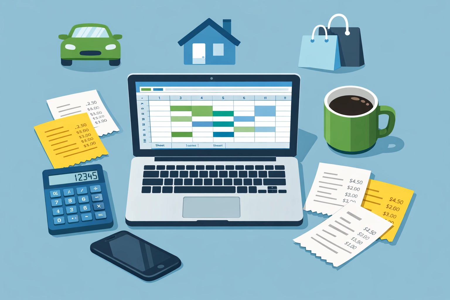 Tax tracking workspace with receipts and calculator for documenting side income deductions