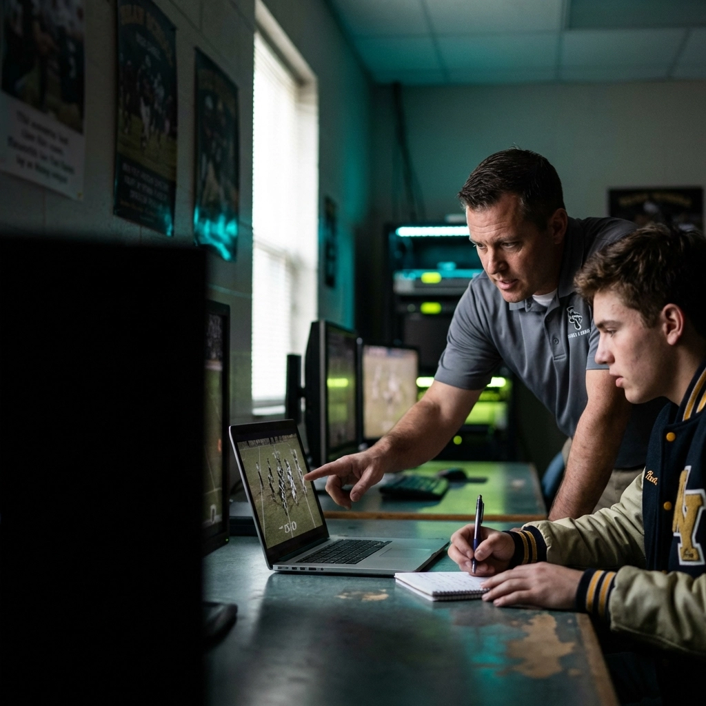 High school athlete and coach analyzing game footage together, highlighting data-driven recruiting and mentorship strategies.