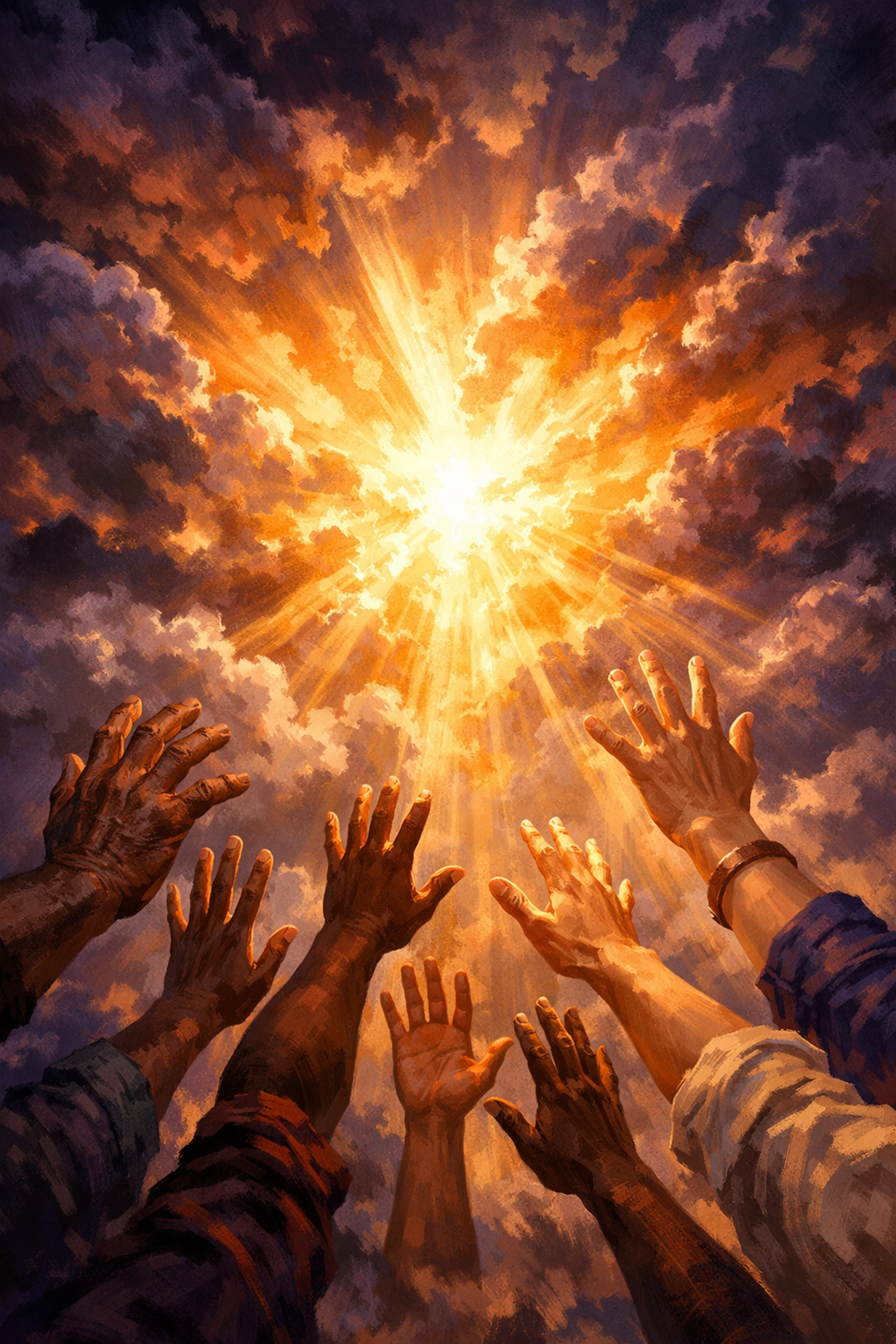 Diverse hands reaching toward light symbolizing testimonies of transformation in Jesus