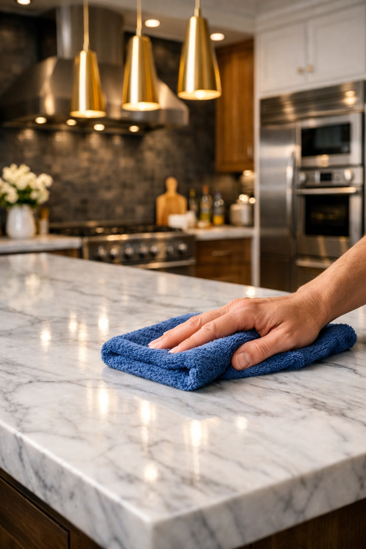 Wiping a marble kitchen island with a microfiber cloth to show high-end professional cleaners in Marblehead.