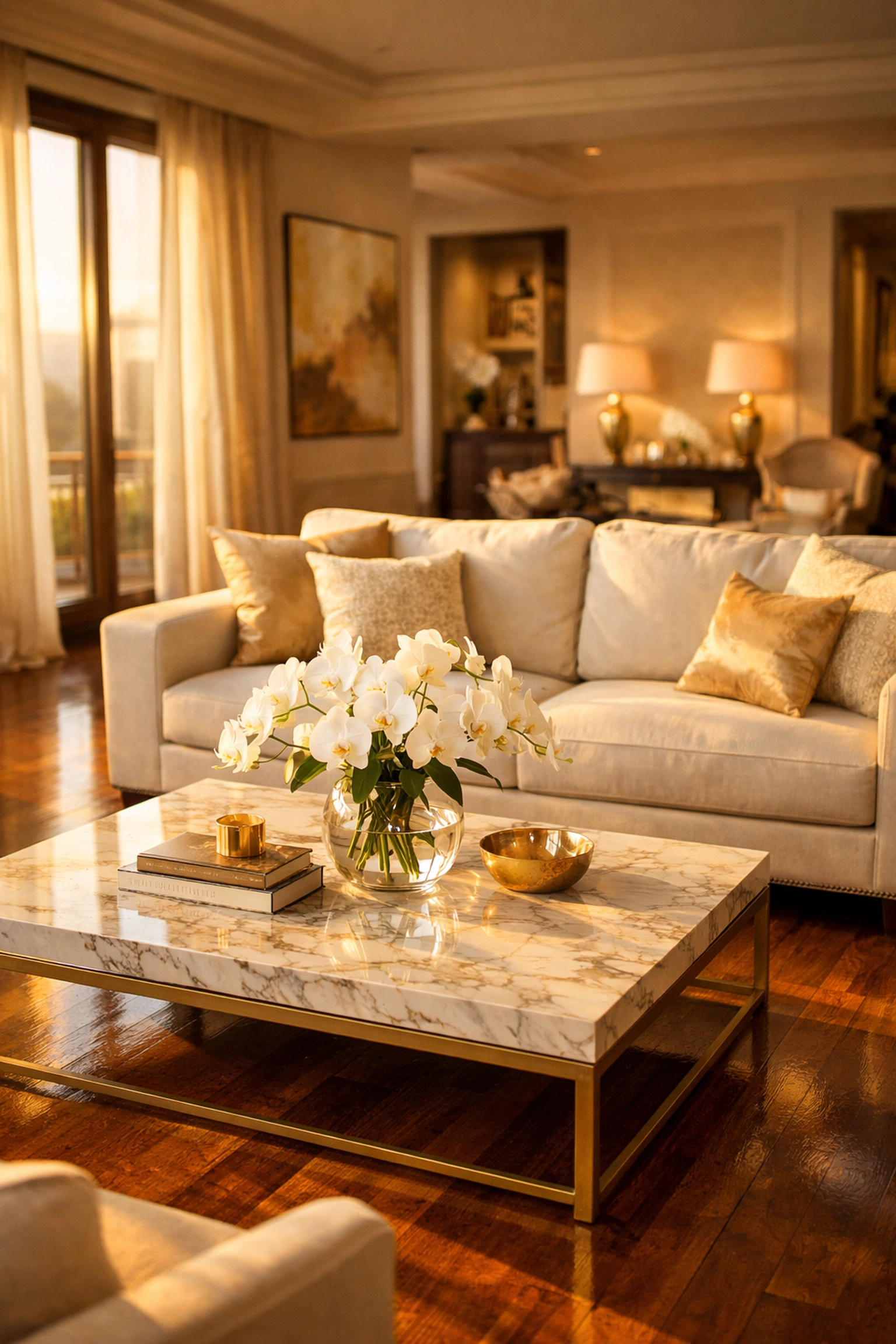 Luxury vacation rental living room with designer furniture and marble coffee table