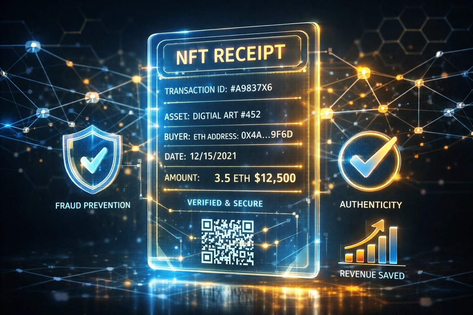 NFT receipt with blockchain verification showing fraud prevention and authenticity features in Larecoin ecosystem