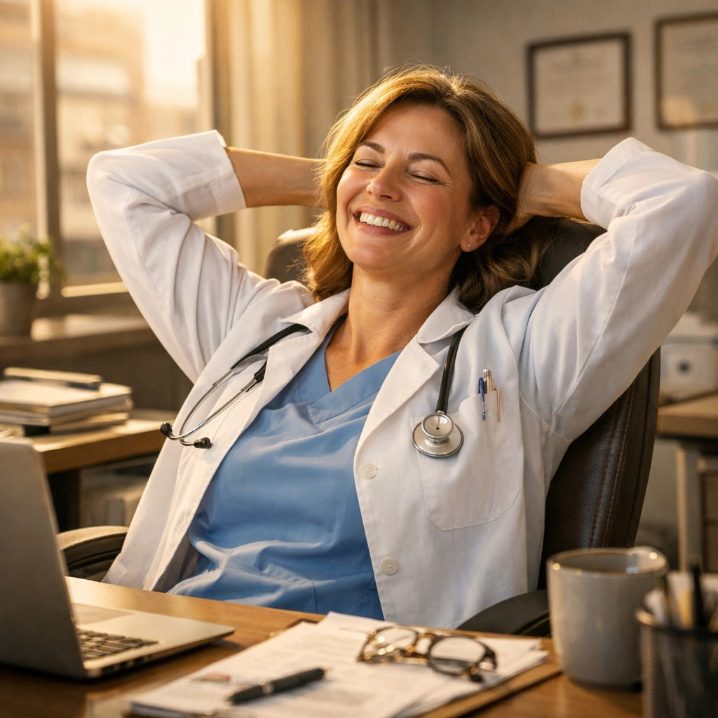 <strong>Monday: The Time Trap: Why Healthcare Practice Owners Can't Find Hours in Their Day</strong> Relieved healthcare practice owner at organized desk after implementing better systems