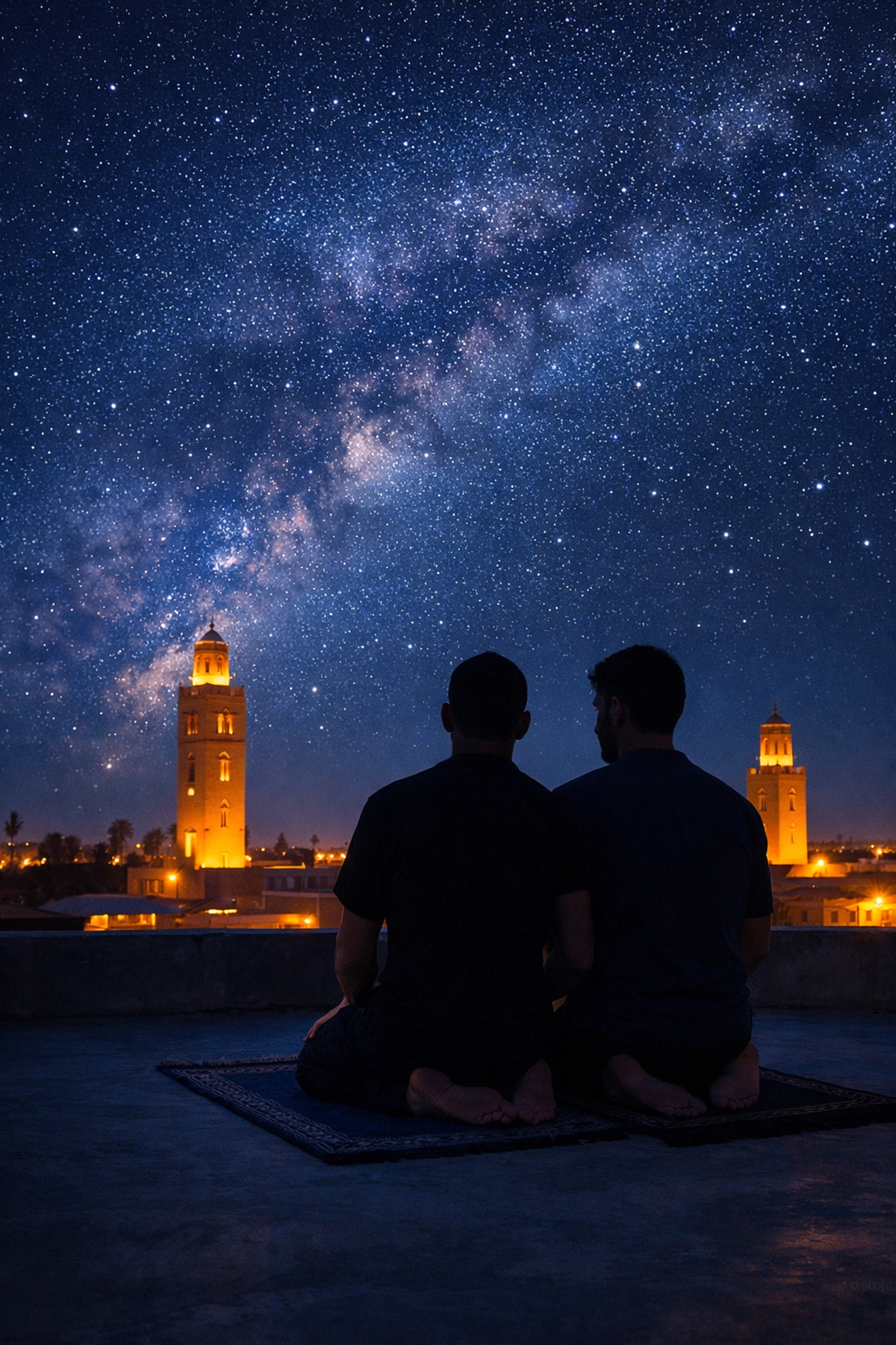 Two Muslim men praying together under stars in Marrakech - LGBTQ+ spirituality and devotion