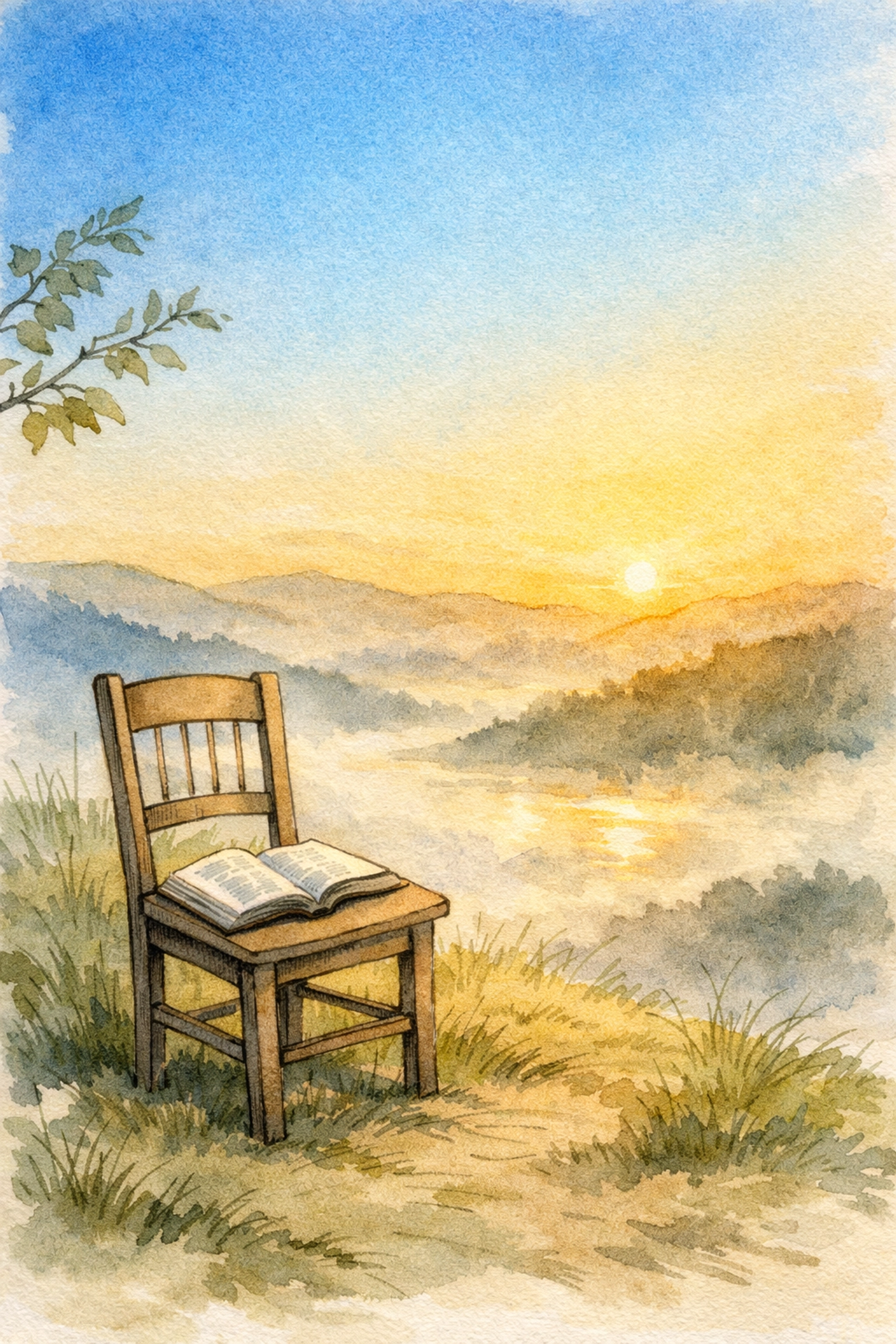 Peaceful morning scene with Bible on chair overlooking valley - Sabbath rest for Christian leaders