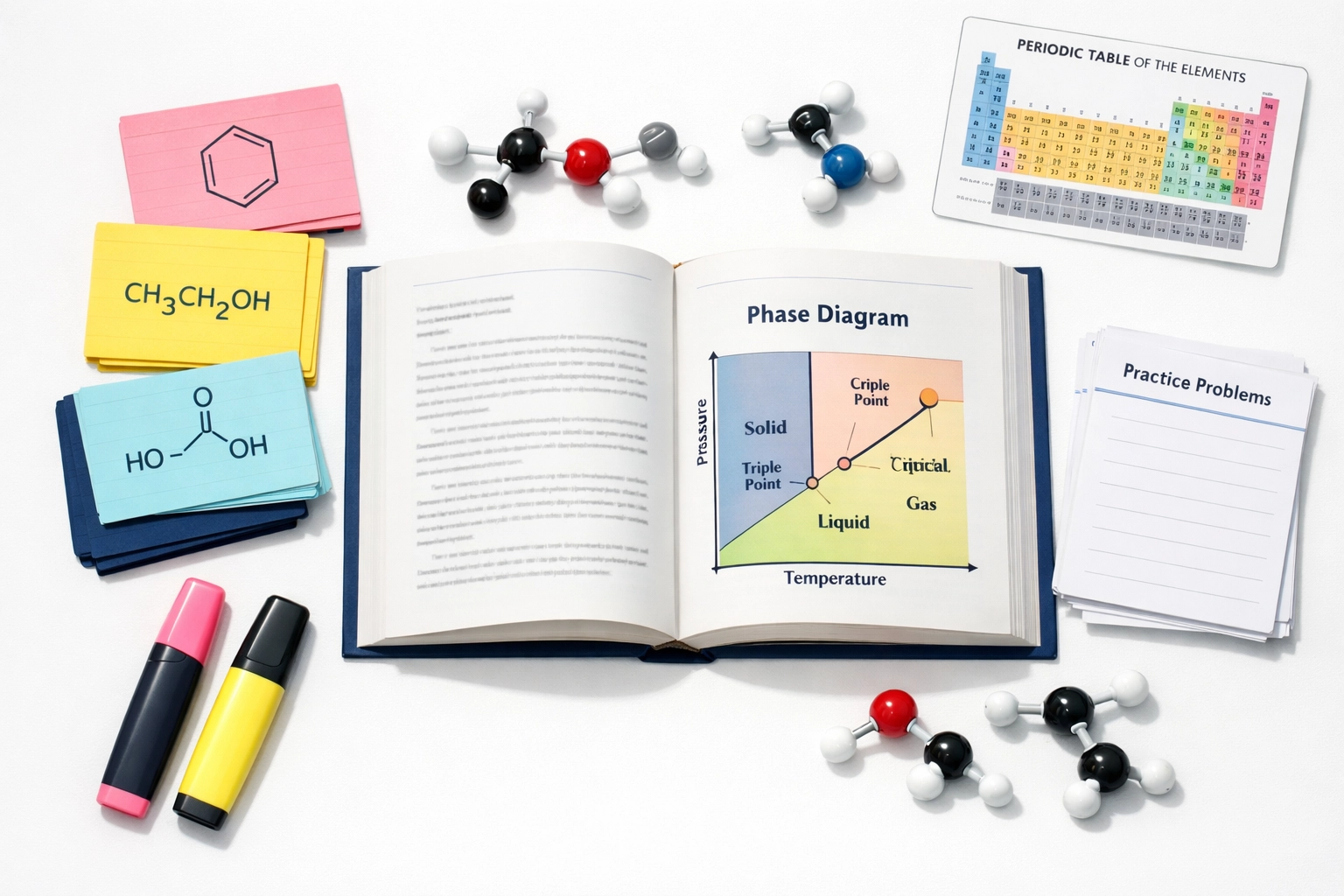 Organized chemistry revision materials including phase diagrams and flashcards for exam preparation