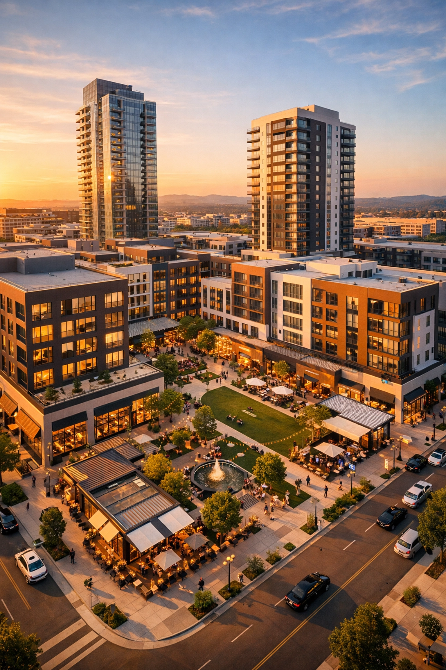 Modern mixed-use real estate development showing commercial and residential investment properties