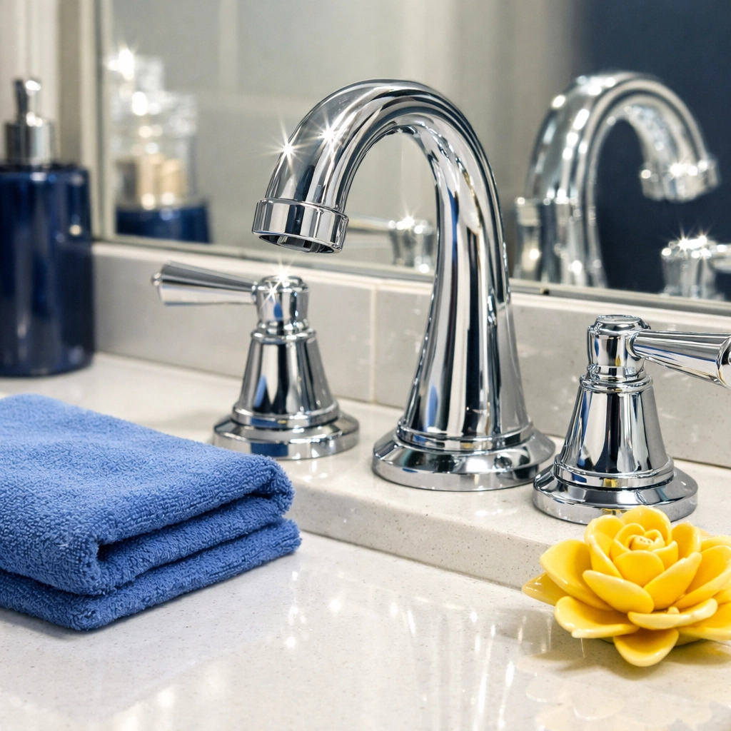 Detailed bathroom deep clean showing sparkling fixtures from a professional luxury cleaning service in Marblehead.