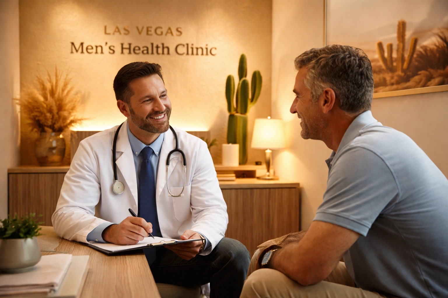 Male doctor consulting with a patient at a Las Vegas men's health clinic for erectile dysfunction treatment