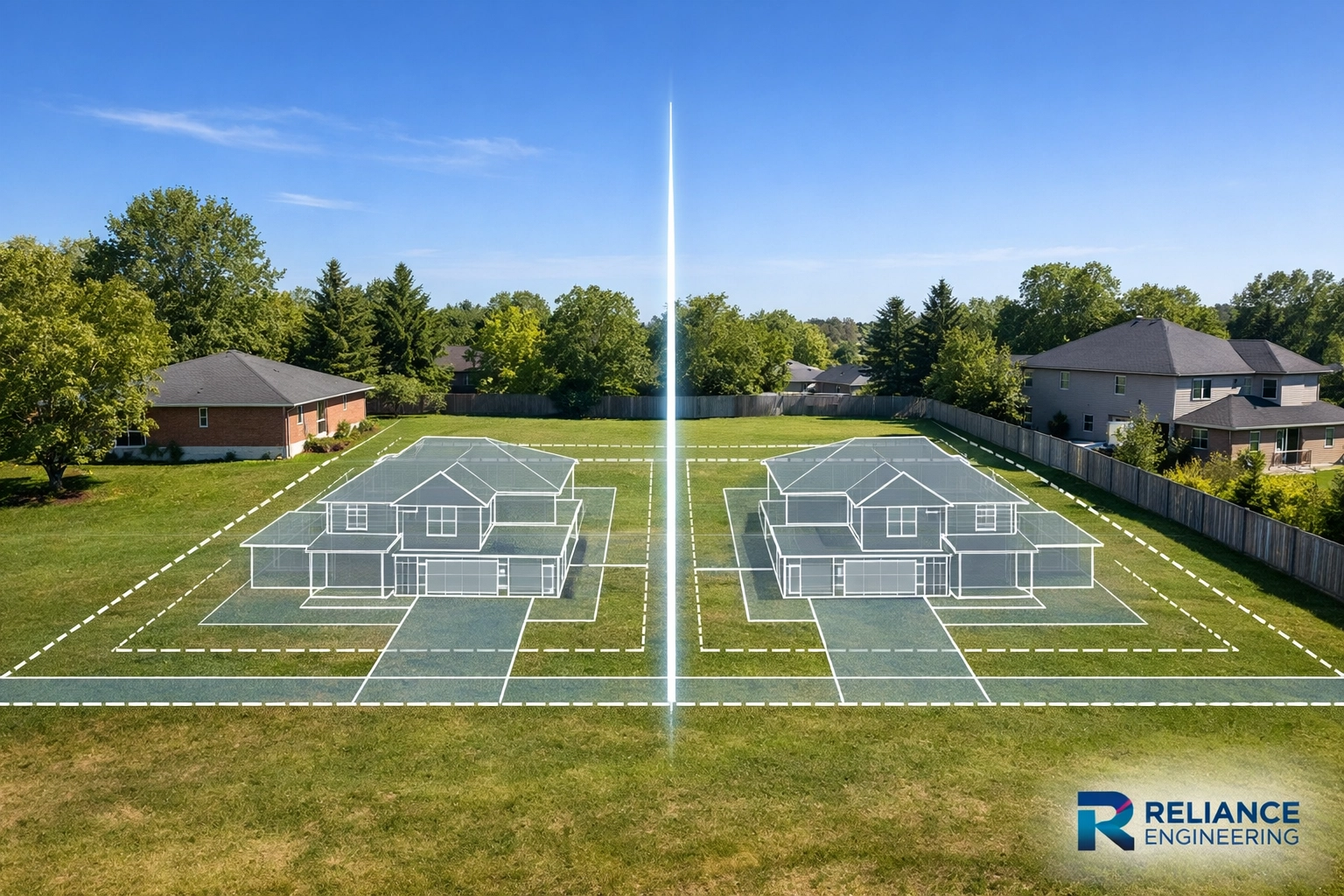 Architectural overlay showing a residential lot severance and land division plan in Ontario.