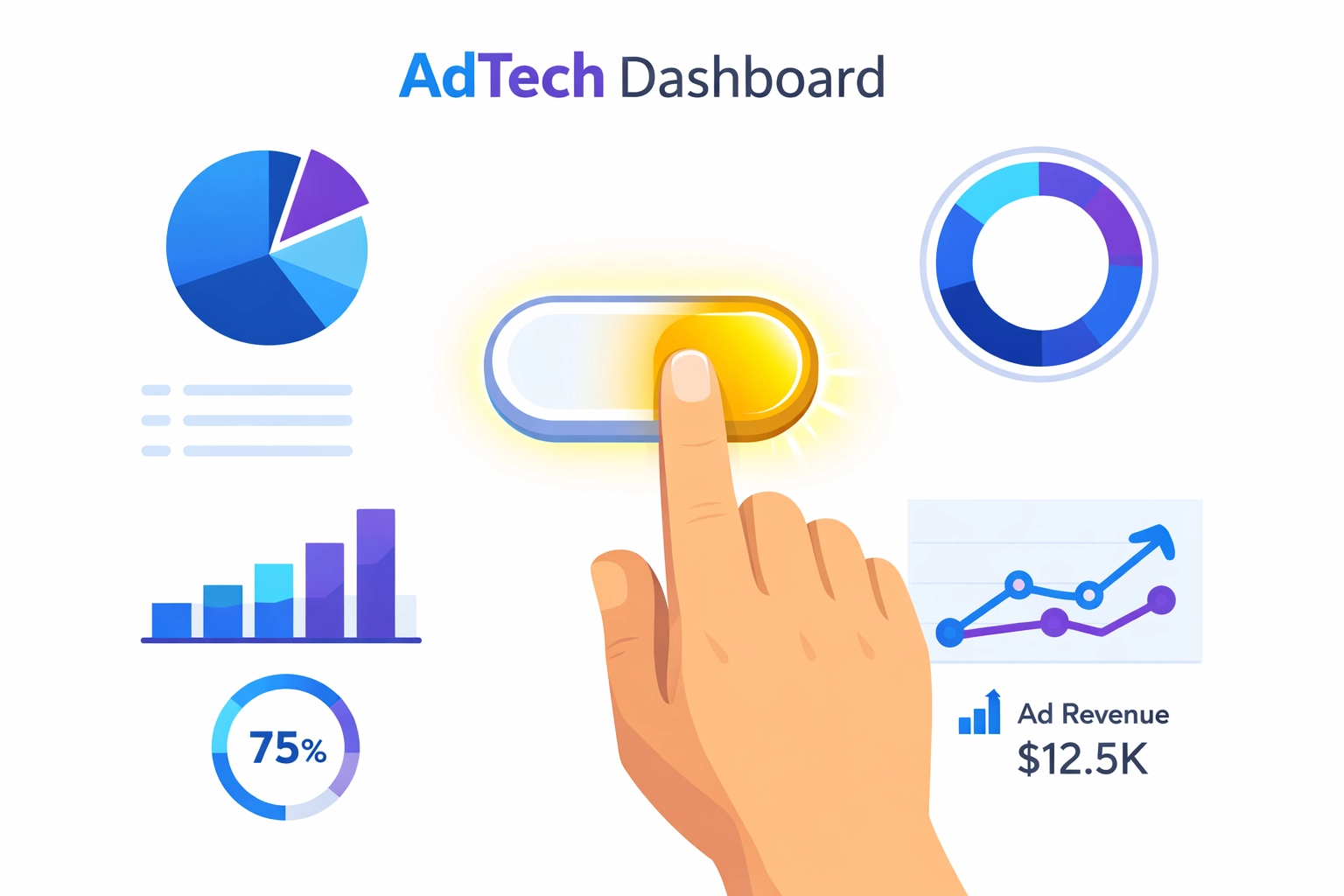 Self-serve DSP dashboard illustration showing easy control over connected tv advertising campaigns.