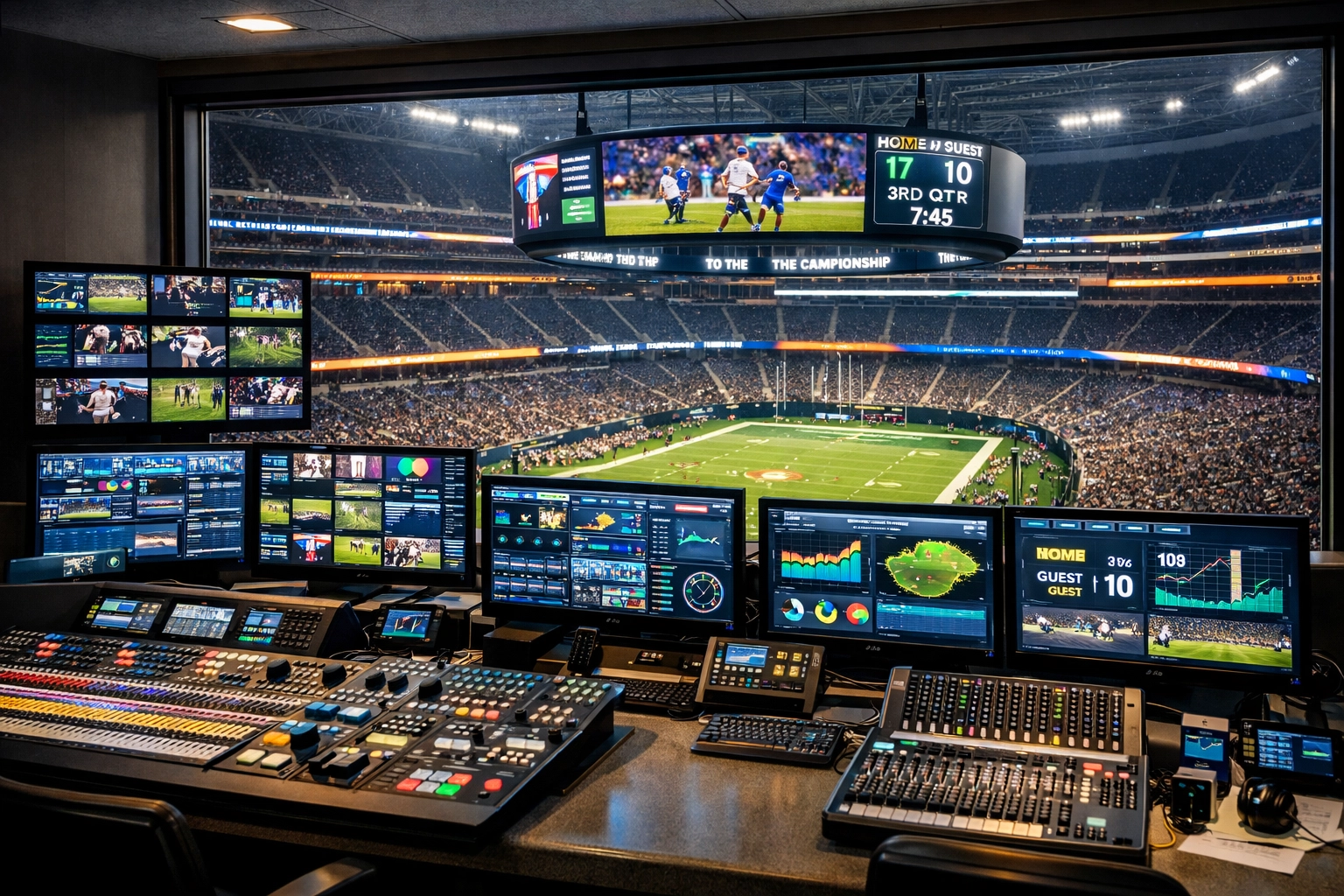 Dakdan Worldwide media framework managing stadium signage and live event production from a high-tech control room.
