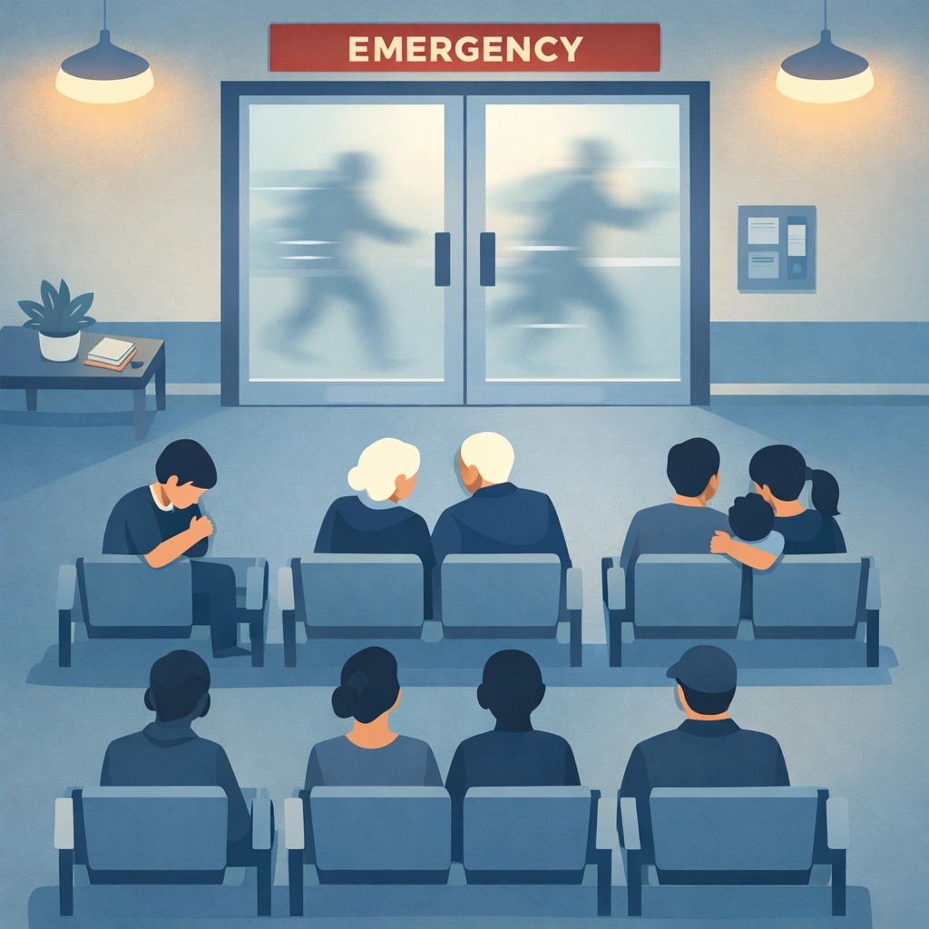 Emergency room waiting area with diverse patients awaiting triage in an organized ER setting