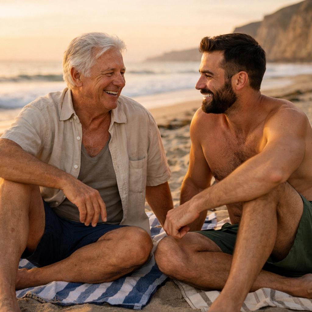 Gay men of different generations connecting at Black's Beach clothing-optional area