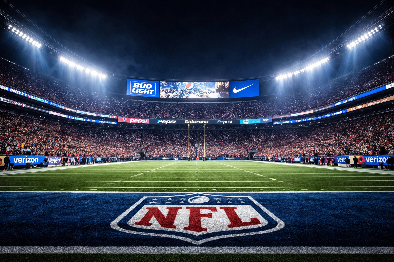 NFL stadium packed with fans at night, digital branding on screens, showing implied sponsorship strategy in action