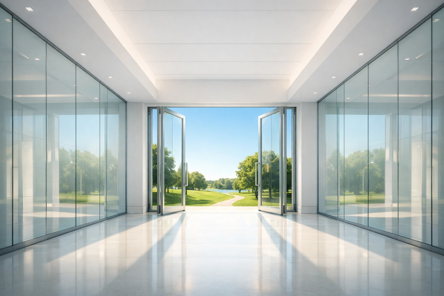 Open glass doors leading from a bright hallway into a sun-drenched park representing the path to salvation.