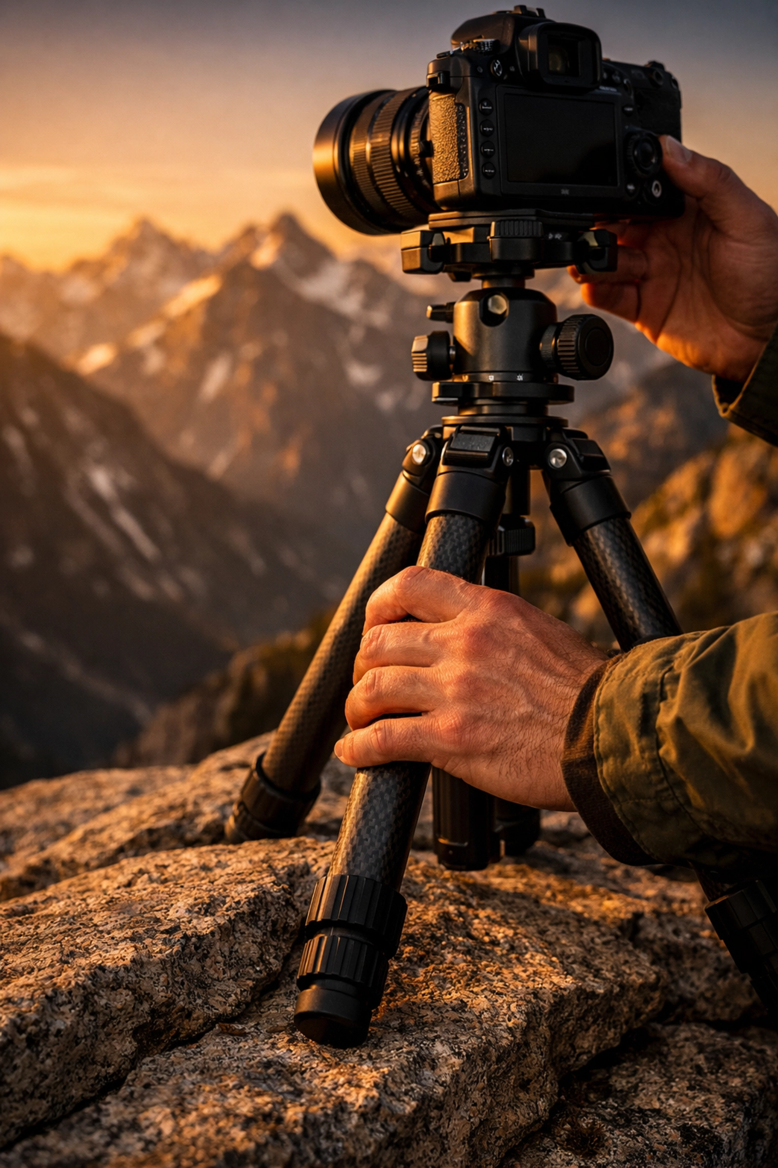 Landscape photographer setting up a tripod for mountain landscape photography at sunset.