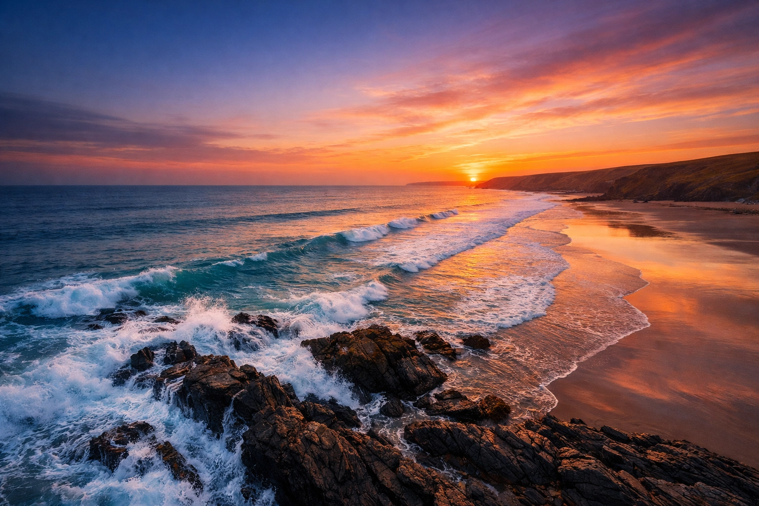 Scenic sunset view of Widemouth Bay in Cornwall, a peaceful coastal location for scattering ashes.