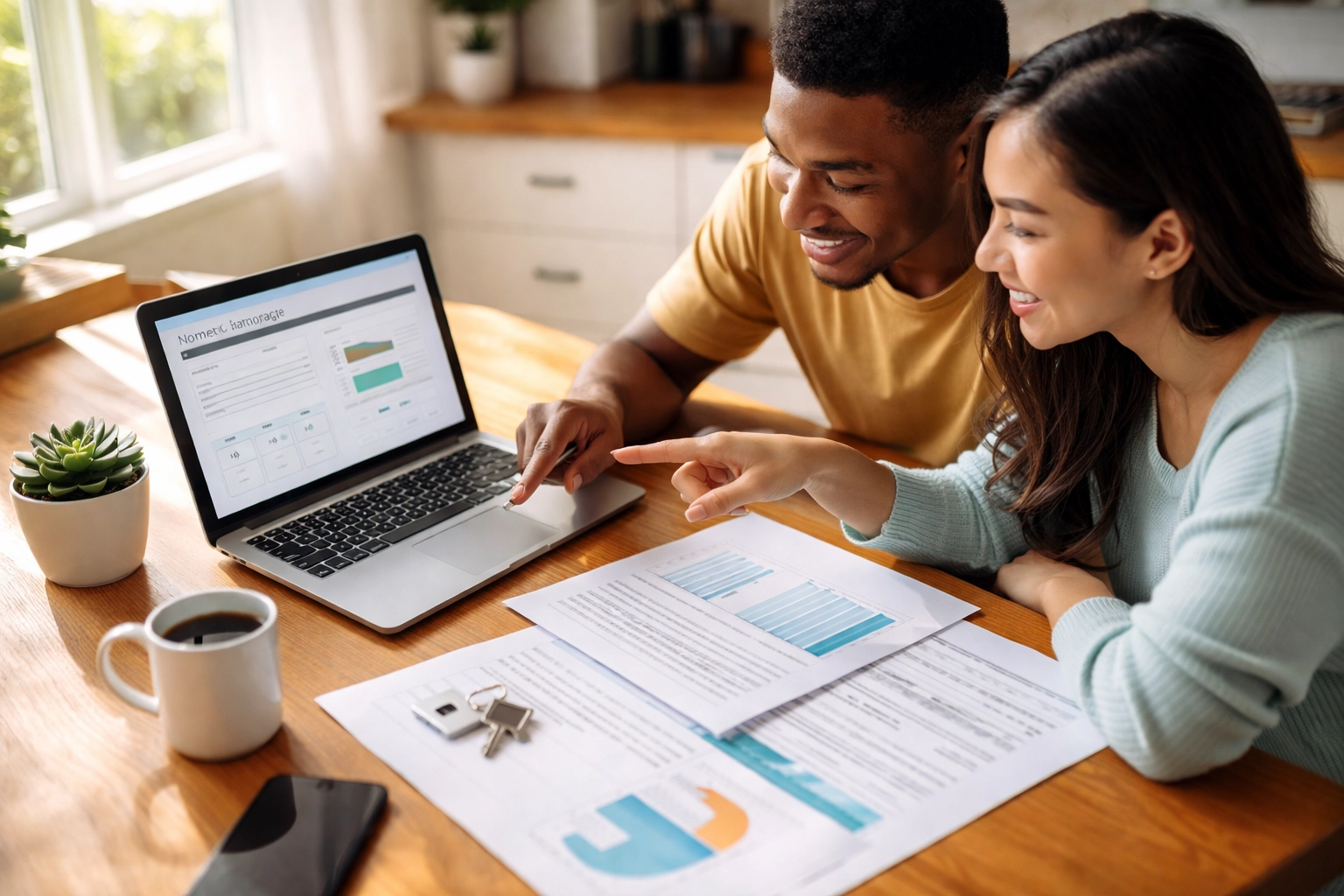 Couple reviewing mortgage payment documents and calculating home buying costs at kitchen table