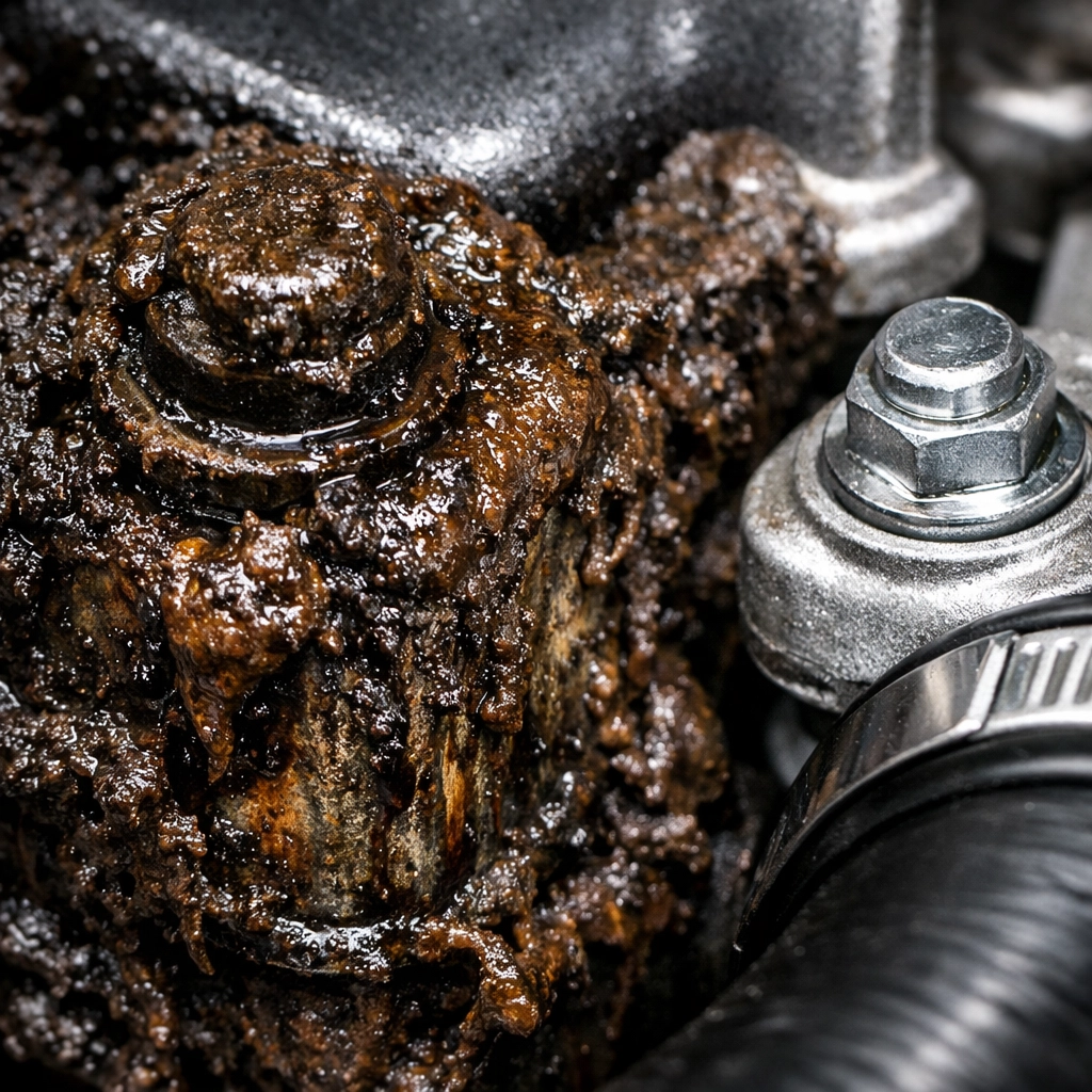 Engine sludge buildup from neglected oil changes showing preventable damage