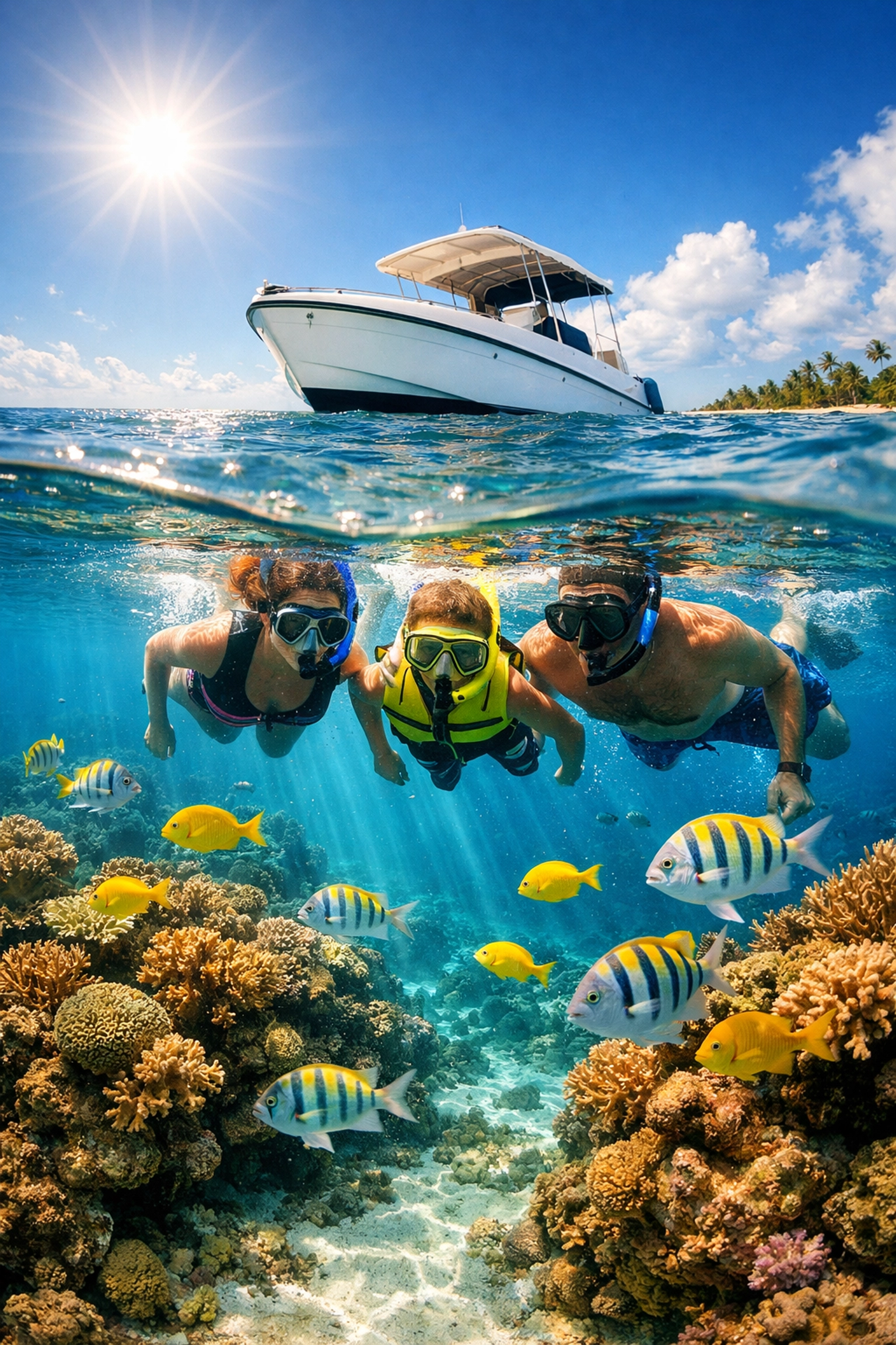 Family snorkeling in clear Punta Cana waters, exploring coral reefs as a fun and educational travel activity.