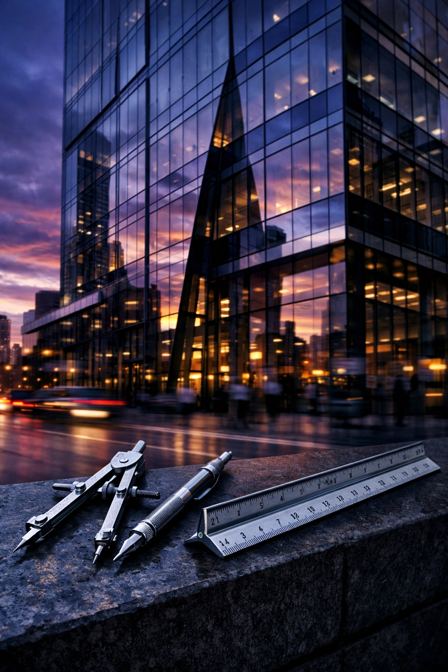 Professional drafting tools reflecting off a modern building symbolizing national infrastructure planning.
