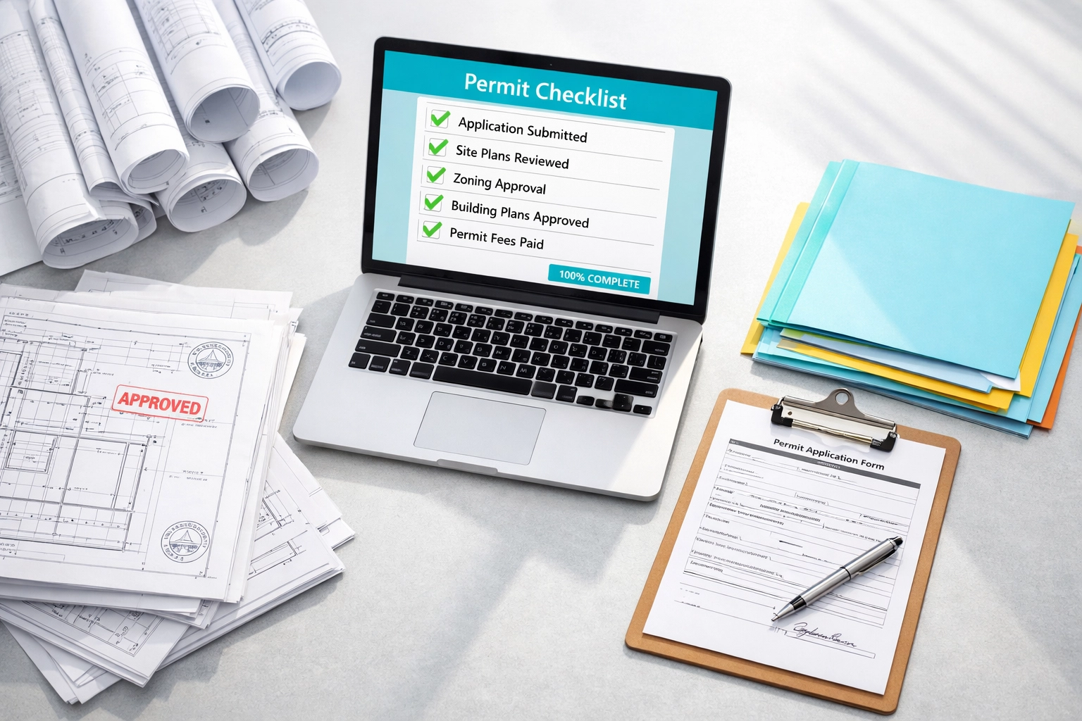 Organized Florida permit application documents including blueprints and completed forms on desk