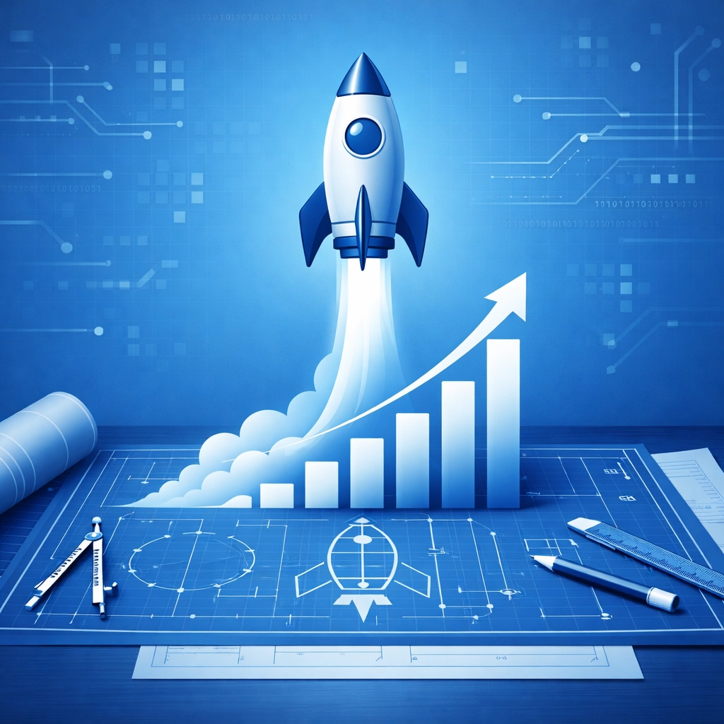 A rocket launching from a digital blueprint into a rising graph, showing high ROI from custom web design.