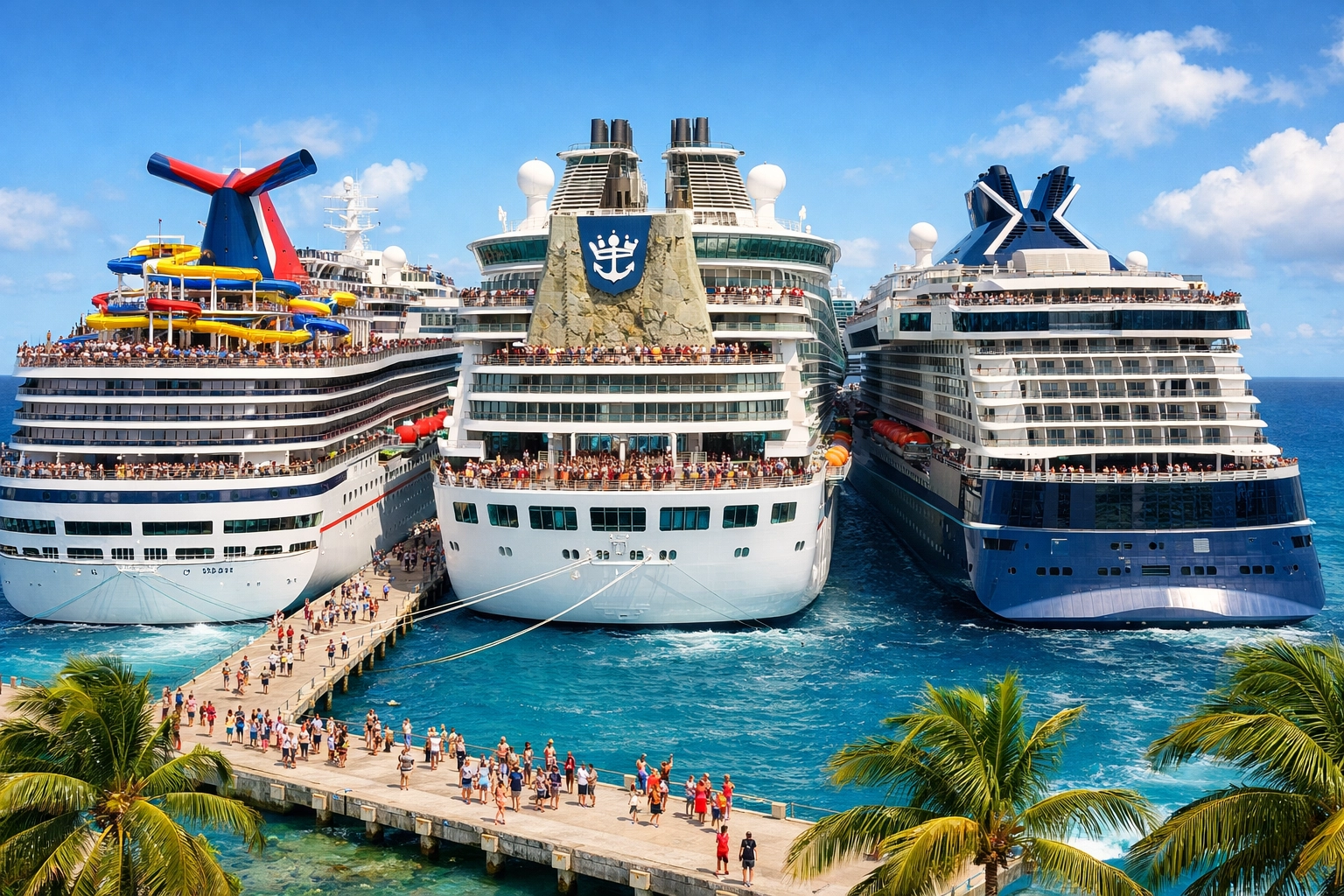 Three major cruise ships at Caribbean port showing different cruise line options