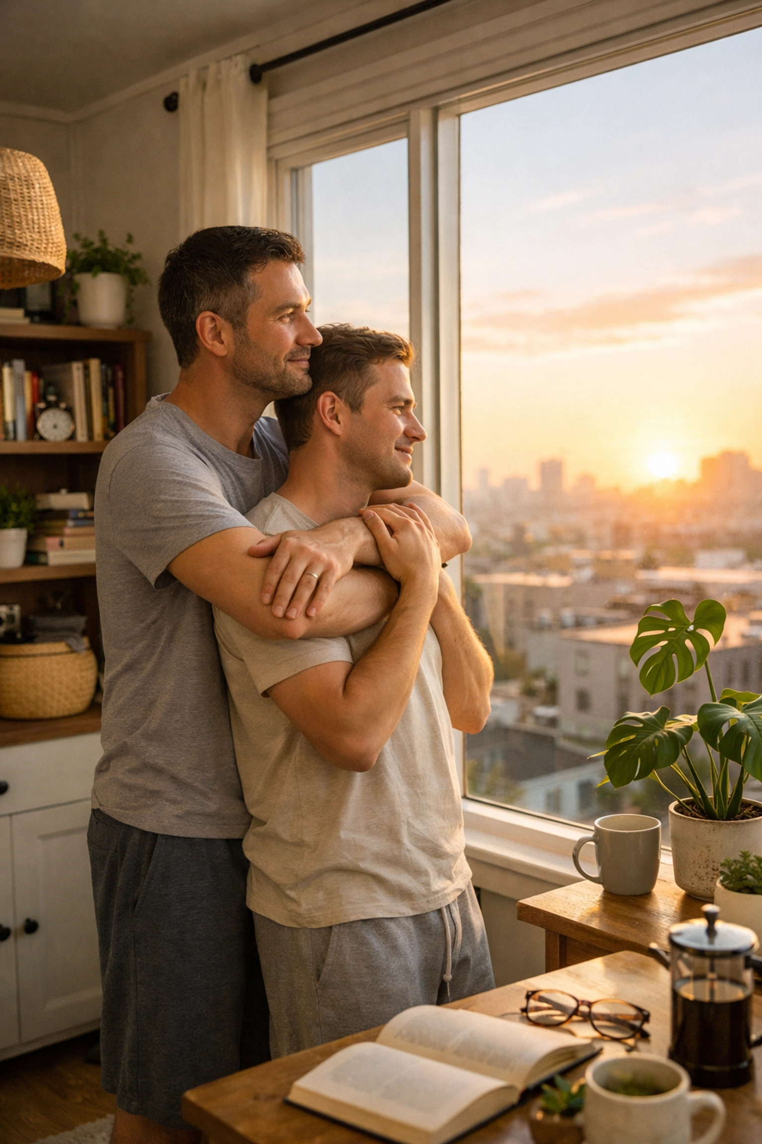 A loving gay couple embracing in a bright apartment, showing the happy ending in contemporary MM novels.
